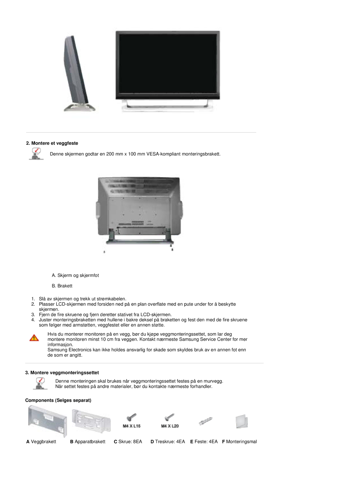 Samsung PO24FSSSS/EDC manual Montere et veggfeste, Montere veggmonteringssettet 