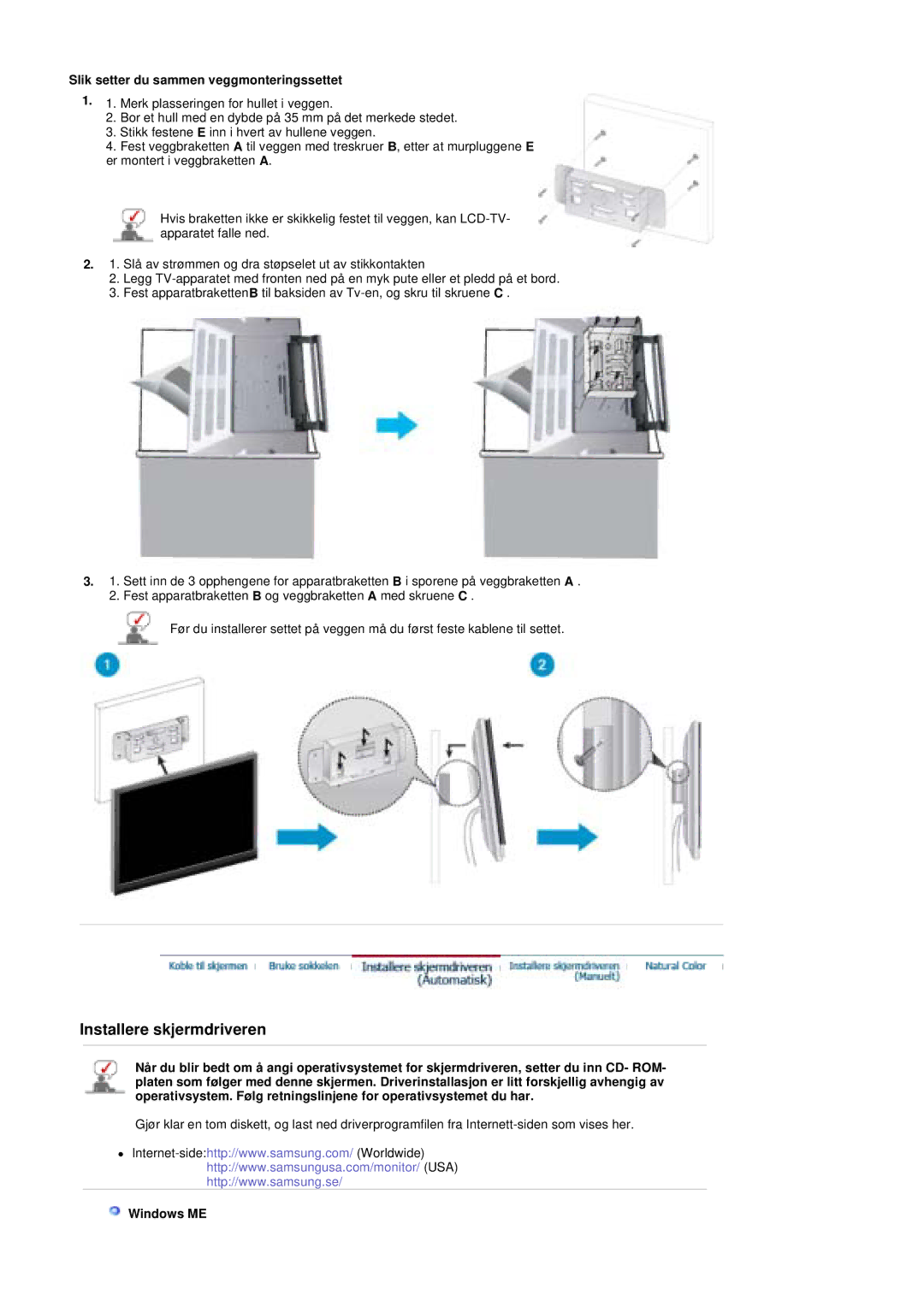 Samsung PO24FSSSS/EDC manual Slik setter du sammen veggmonteringssettet, Windows ME 