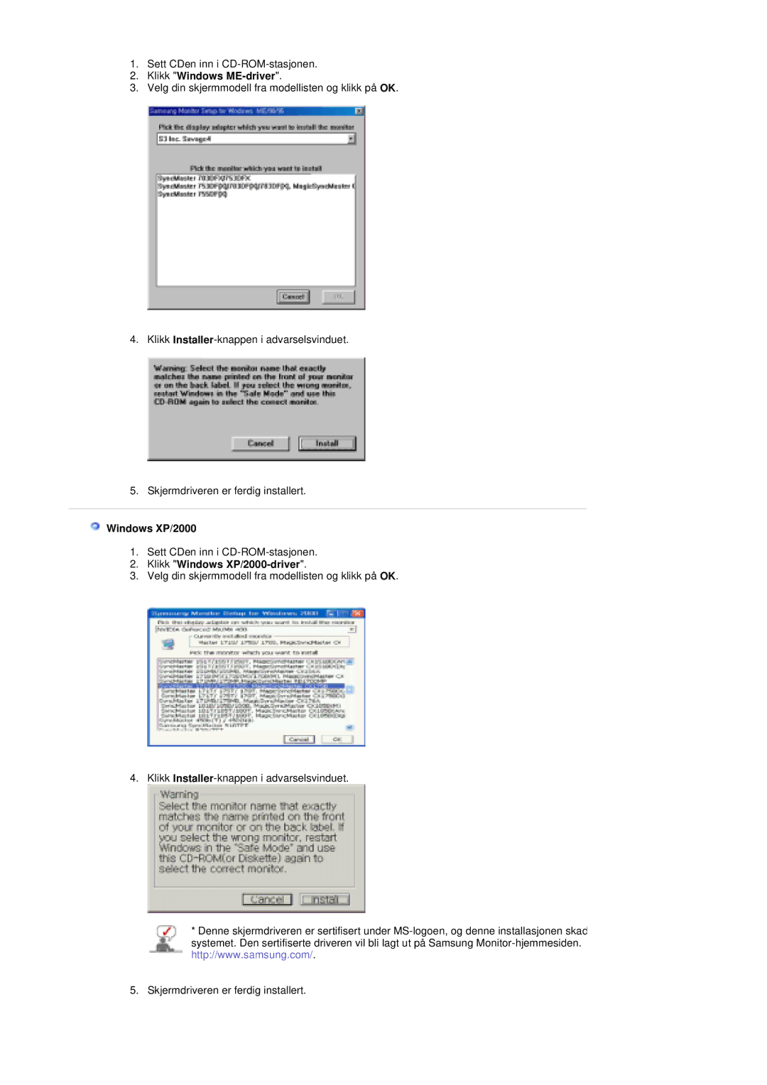 Samsung PO24FSSSS/EDC manual Klikk Windows ME-driver, Klikk Windows XP/2000-driver 