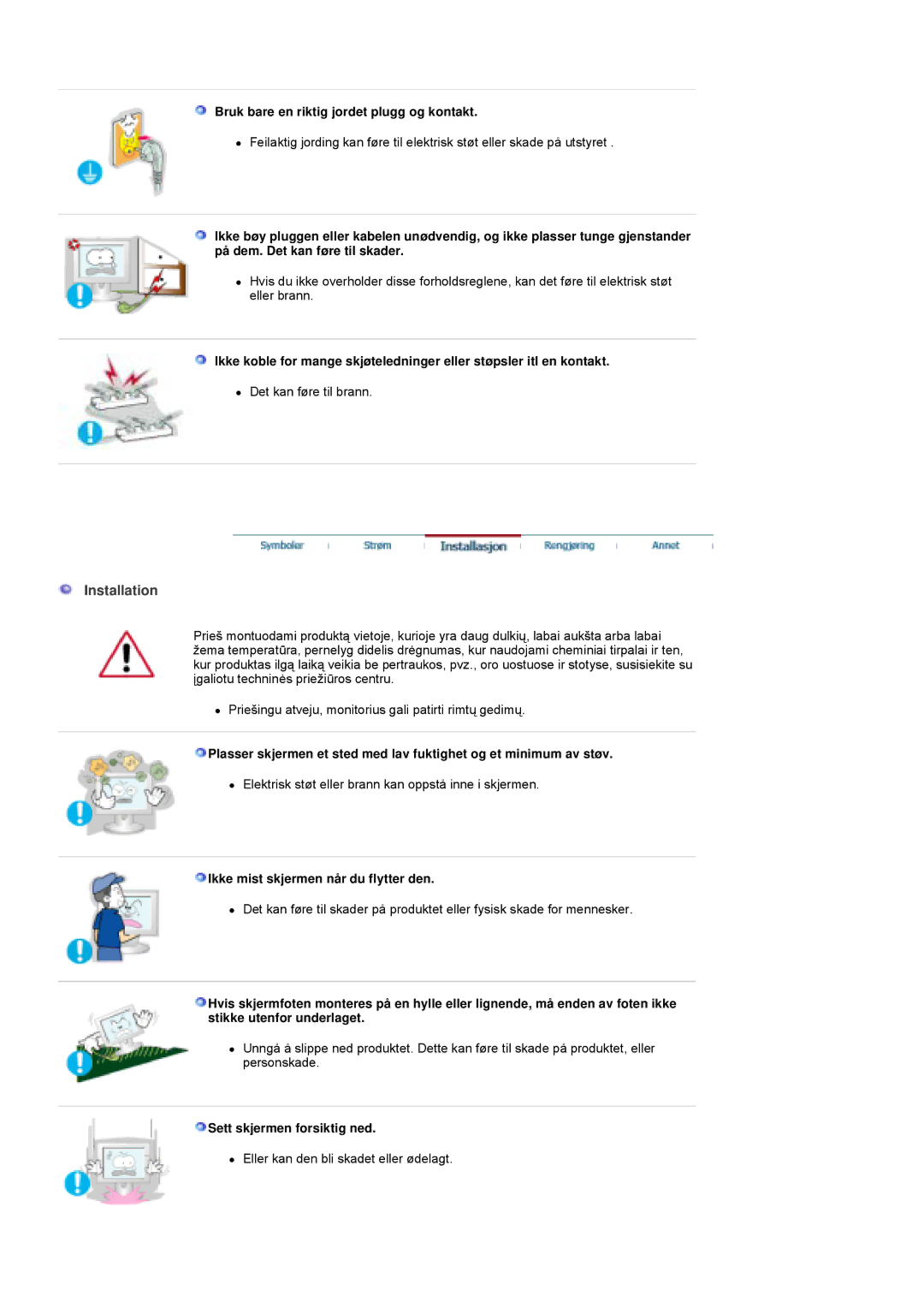 Samsung PO24FSSSS/EDC Installation, Bruk bare en riktig jordet plugg og kontakt, Ikke mist skjermen når du flytter den 