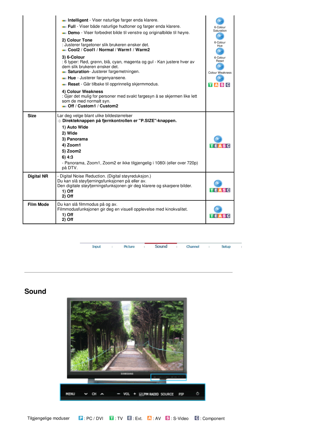 Samsung PO24FSSSS/EDC manual Cool2 / Cool1 / Normal / Warm1 / Warm2 Colour, Auto Wide Panorama Zoom1 Zoom2 