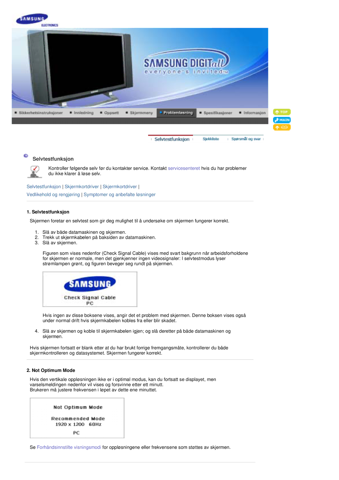 Samsung PO24FSSSS/EDC manual Selvtestfunksjon, Not Optimum Mode 