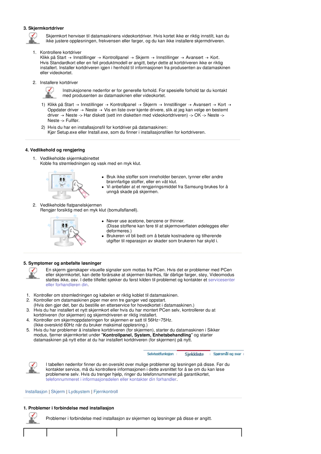 Samsung PO24FSSSS/EDC manual Skjermkortdriver, Vedlikehold og rengjøring, Symptomer og anbefalte løsninger 