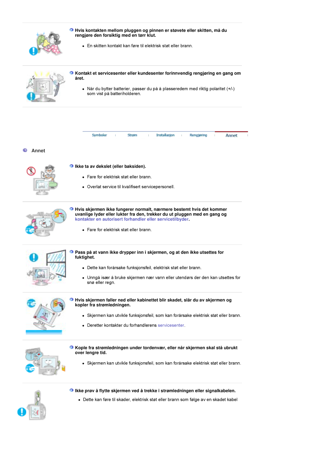 Samsung PO24FSSSS/EDC manual Annet, Ikke ta av dekslet eller baksiden 