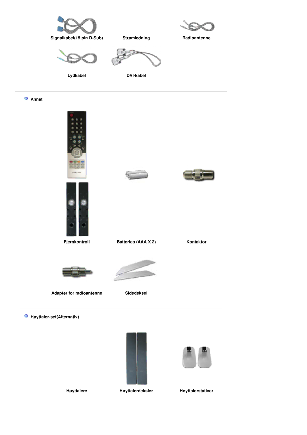 Samsung PO24FSSSS/EDC manual Signalkabel15 pin D-Sub Strømledning, LydkabelDVI-kabel Annet Fjernkontroll Batteries AAA X 