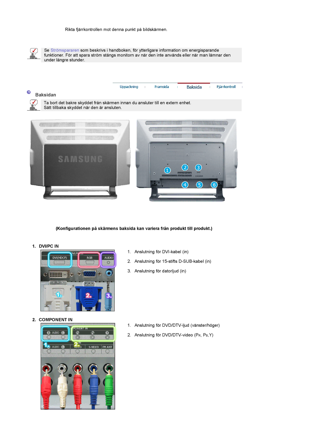 Samsung PO24FSSSS/EDC manual Baksidan, Dvi/Pc, Component 