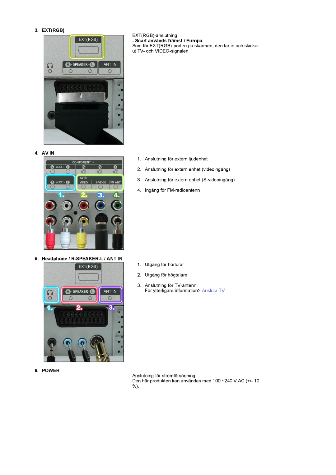 Samsung PO24FSSSS/EDC manual Extrgb, Scart används främst i Europa, Headphone / R-SPEAKER-L / ANT, Power 