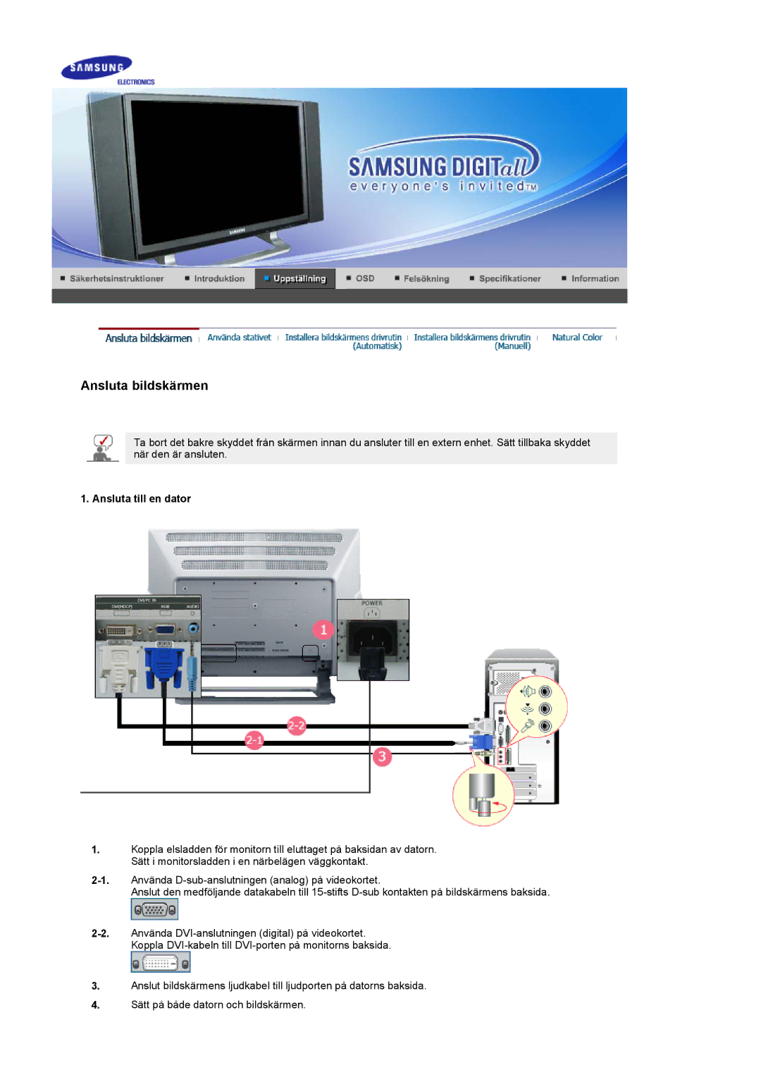 Samsung PO24FSSSS/EDC manual Ansluta bildskärmen, Ansluta till en dator 