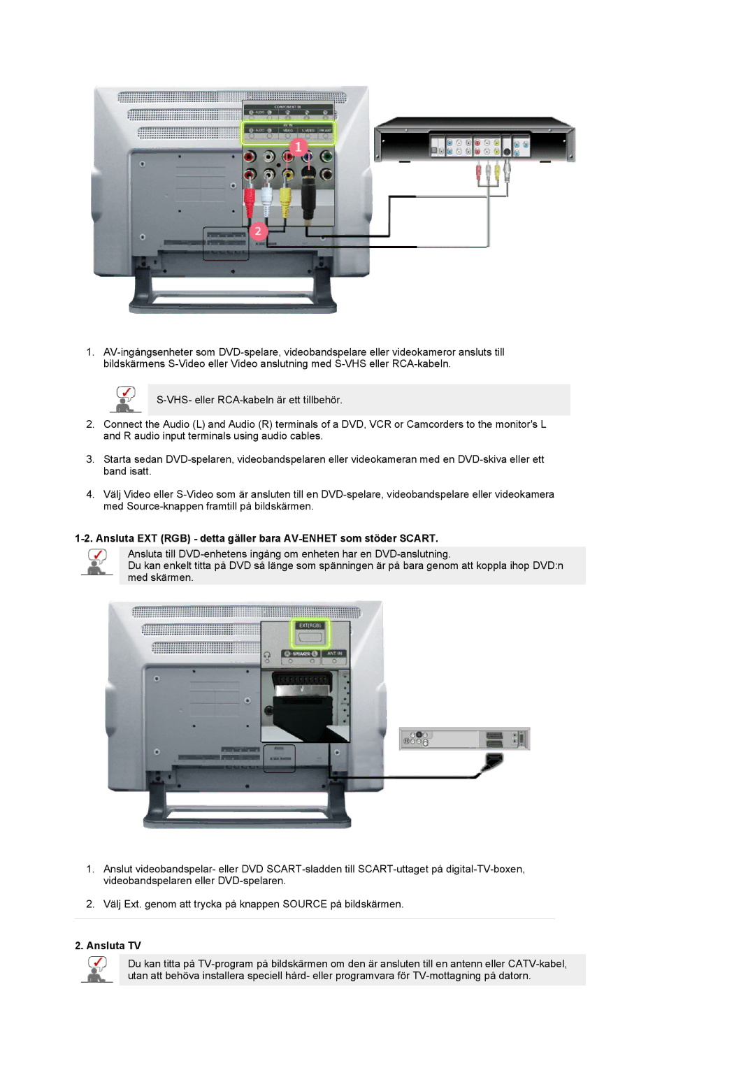 Samsung PO24FSSSS/EDC manual Ansluta EXT RGB detta gäller bara AV-ENHET som stöder Scart, Ansluta TV 