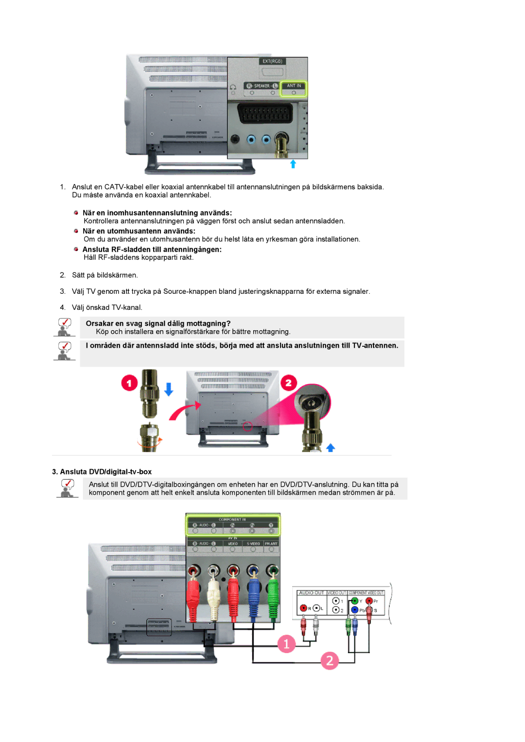 Samsung PO24FSSSS/EDC manual När en inomhusantennanslutning används, När en utomhusantenn används 