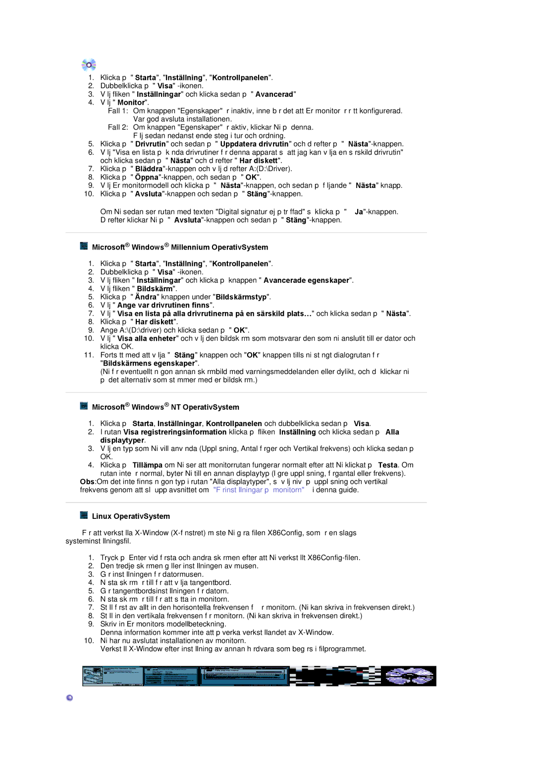 Samsung PO24FSSSS/EDC manual Klicka på Starta, Inställning, Kontrollpanelen, Microsoft Windows NT OperativSystem 