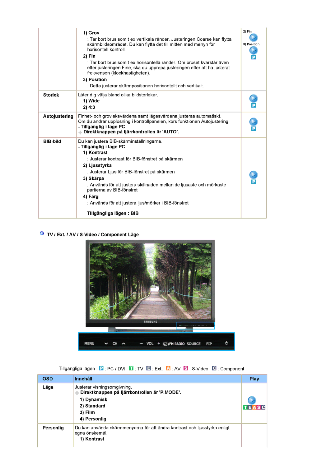 Samsung PO24FSSSS/EDC manual Grov, Fin, Position, Storlek Låter dig välja bland olika bildstorlekar Wide, Skärpa 