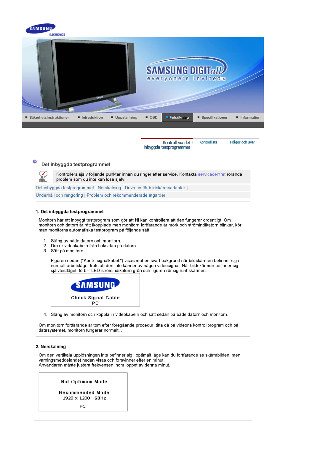 Samsung PO24FSSSS/EDC manual Det inbyggda testprogrammet, Nerskalning 