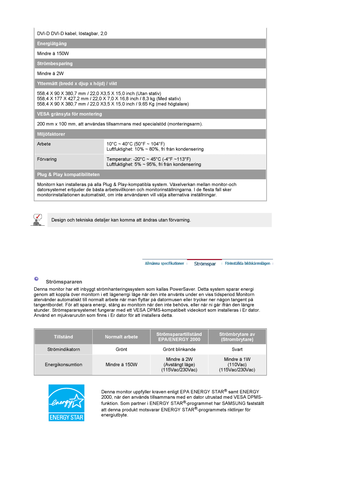 Samsung PO24FSSSS/EDC manual Strömspararen, Yttermått bredd x djup x höjd / vikt 