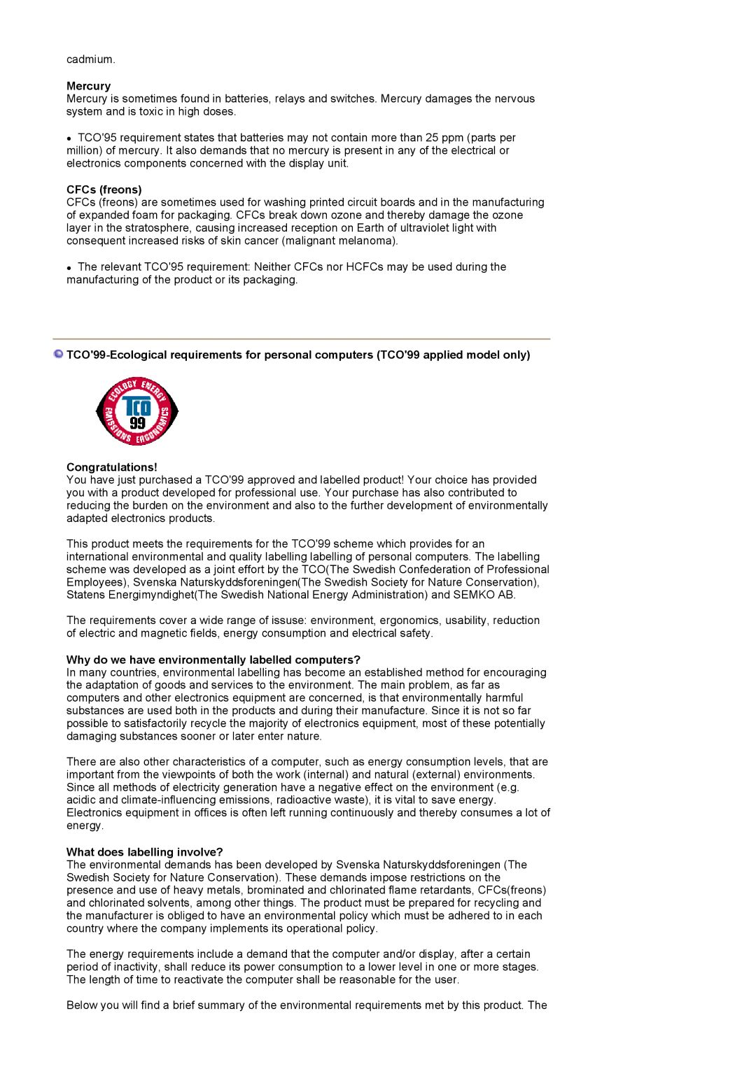 Samsung PO24FSSSS/EDC manual Mercury, CFCs freons, Why do we have environmentally labelled computers? 