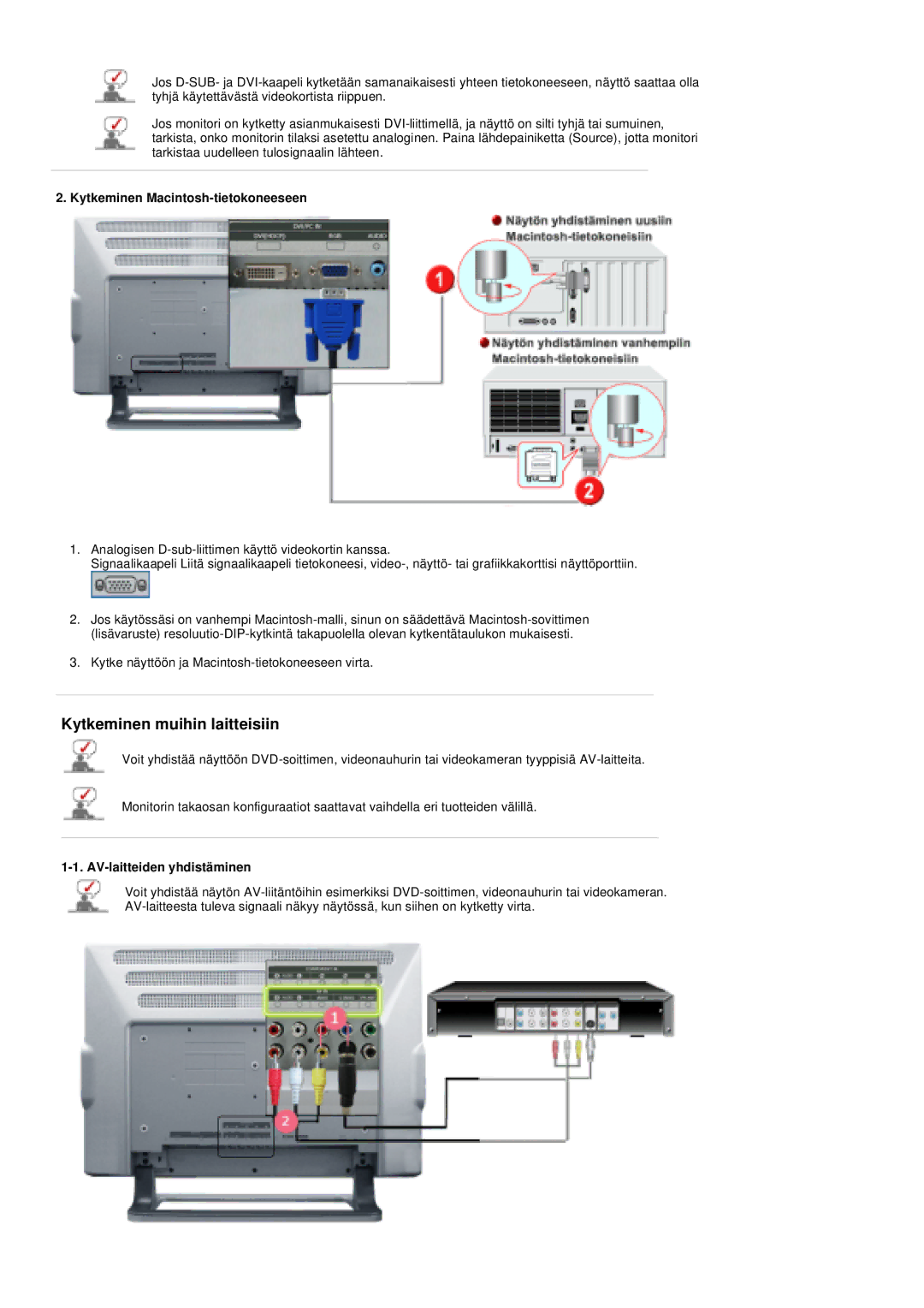 Samsung PO24FSSSS/EDC manual Kytkeminen Macintosh-tietokoneeseen, AV-laitteiden yhdistäminen 