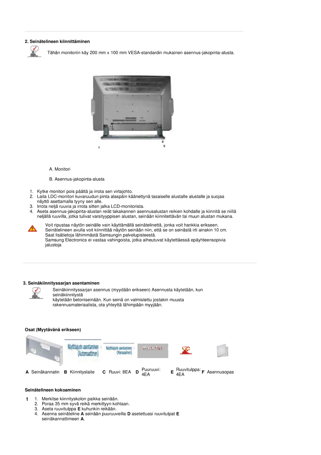 Samsung PO24FSSSS/EDC manual Seinätelineen kiinnittäminen, Seinäkiinnityssarjan asentaminen, Osat Myytävänä erikseen 