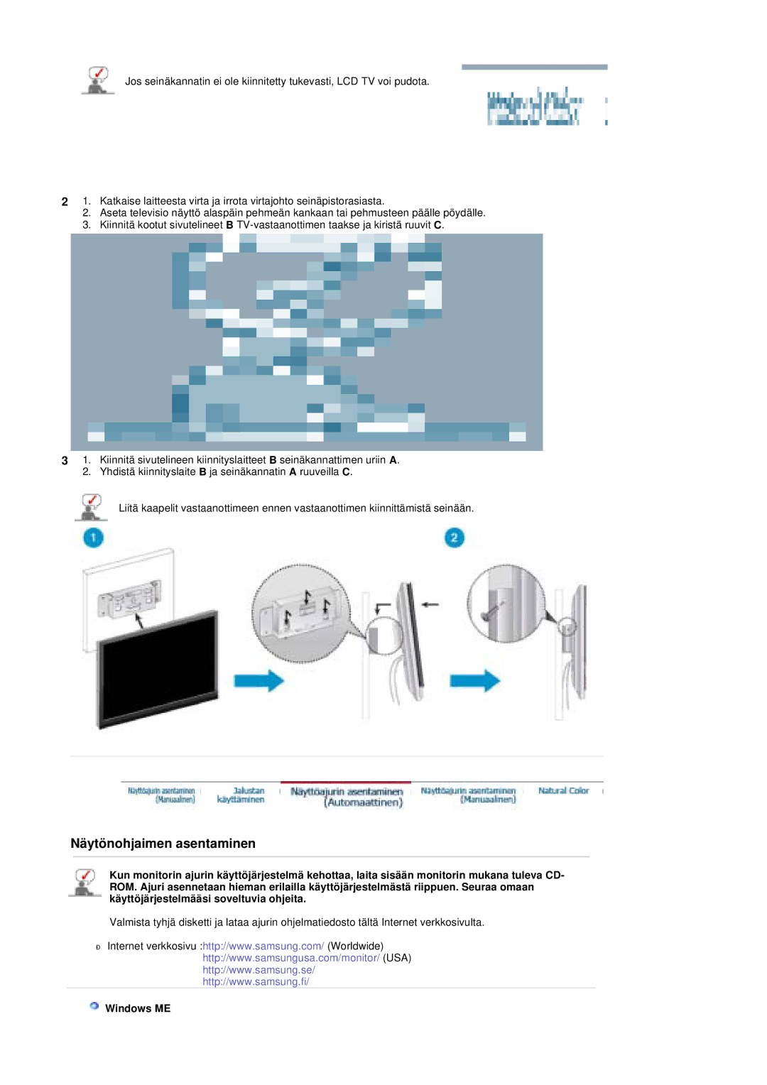 Samsung PO24FSSSS/EDC manual Näytönohjaimen asentaminen, Windows ME 