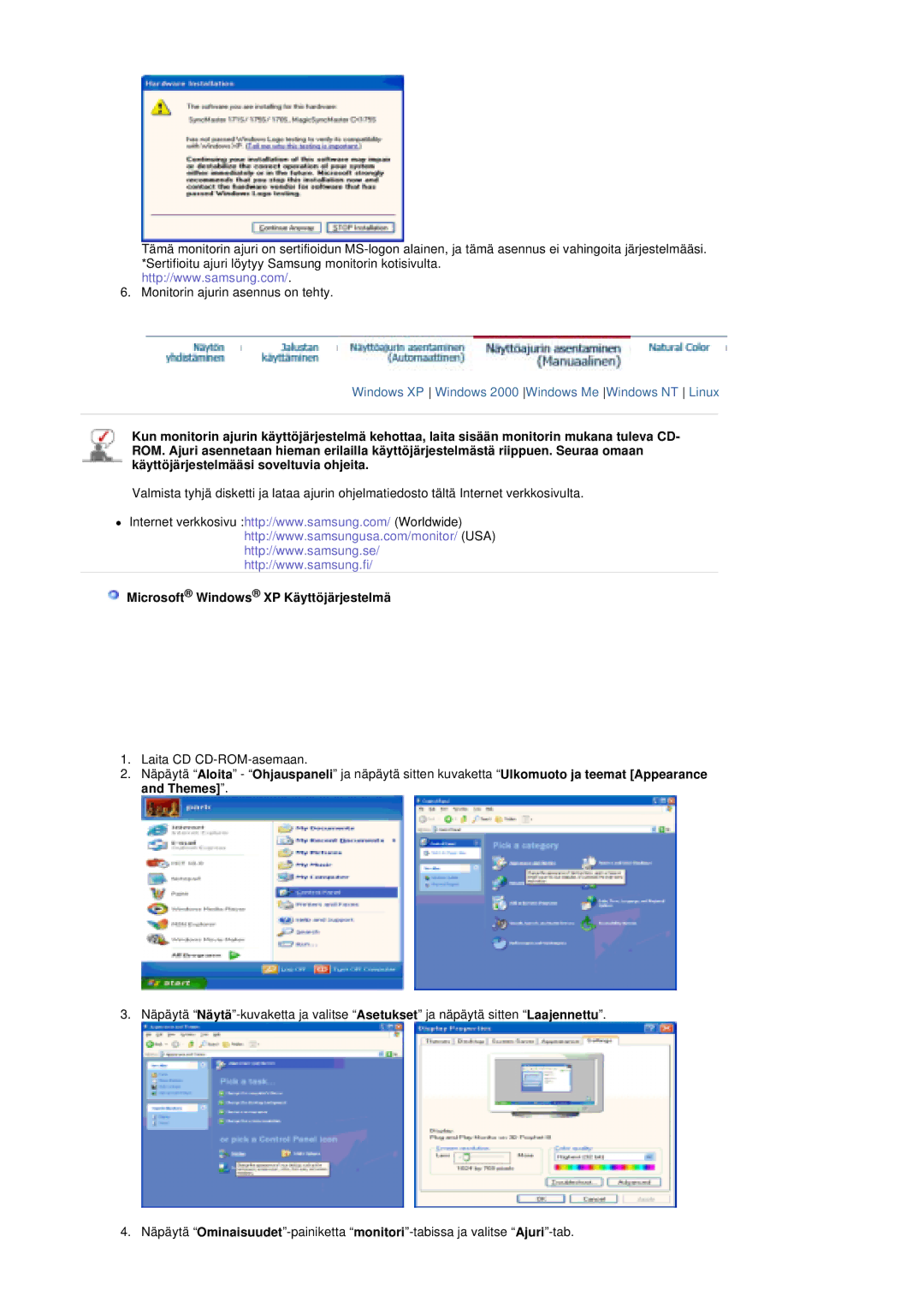 Samsung PO24FSSSS/EDC manual Microsoft Windows XP Käyttöjärjestelmä 