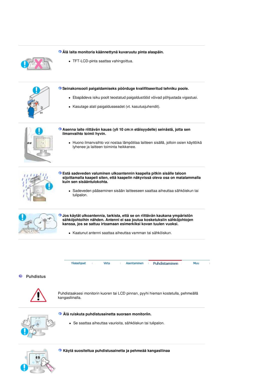 Samsung PO24FSSSS/EDC manual Puhdistus, Älä laita monitoria käännettynä kuvaruutu pinta alaspäin 