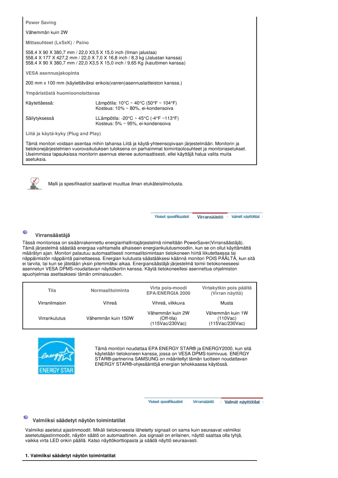 Samsung PO24FSSSS/EDC manual Virransäästäjä, Valmiiksi säädetyt näytön toimintatilat 