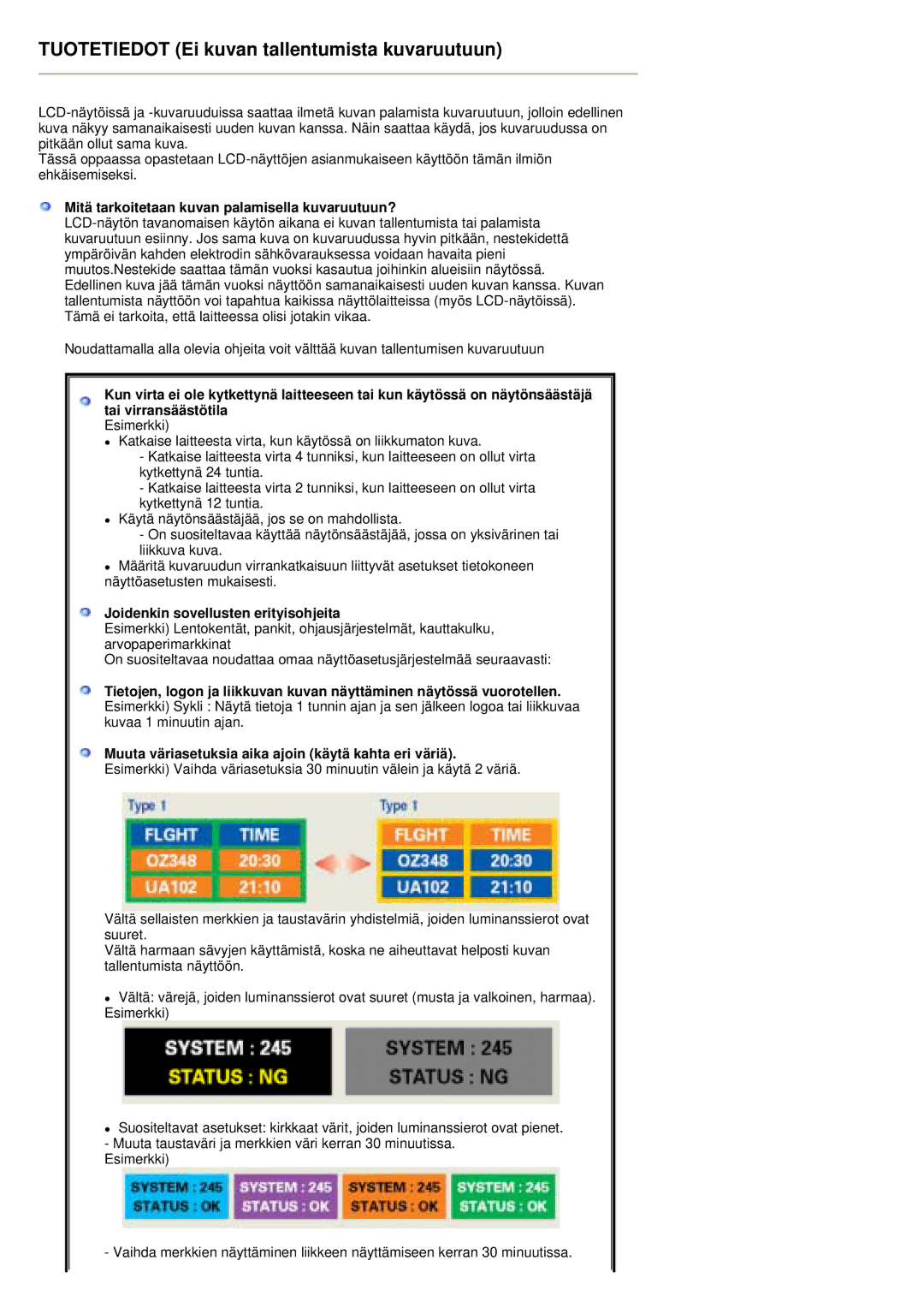 Samsung PO24FSSSS/EDC manual Mitä tarkoitetaan kuvan palamisella kuvaruutuun?, Joidenkin sovellusten erityisohjeita 