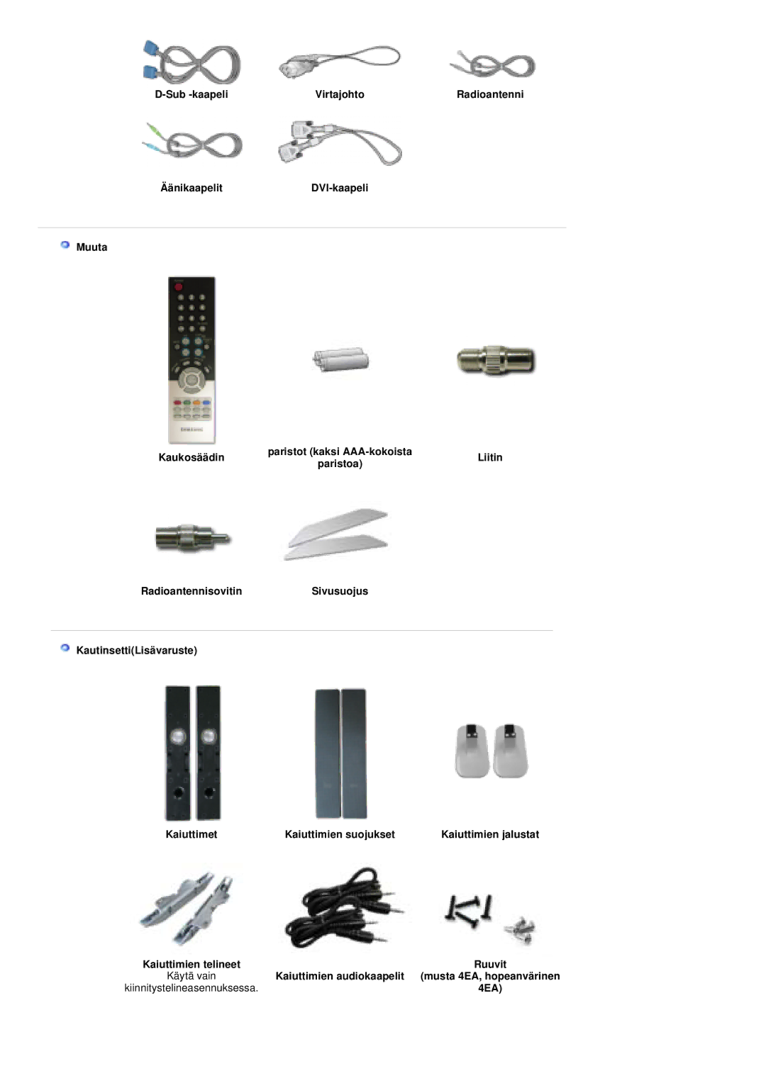 Samsung PO24FSSSS/EDC manual Sub -kaapeli Virtajohto, ÄänikaapelitDVI-kaapeli Muuta Kaukosäädin, Ruuvit 