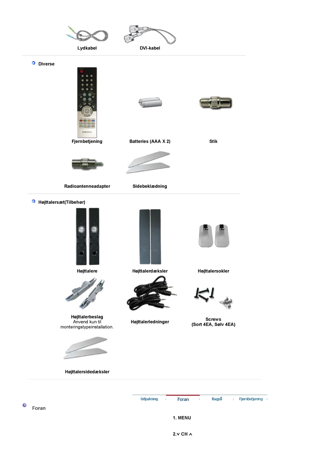 Samsung PO24FSSSS/EDC manual Foran, LydkabelDVI-kabel Diverse Fjernbetjening Batteries AAA X, Menu 