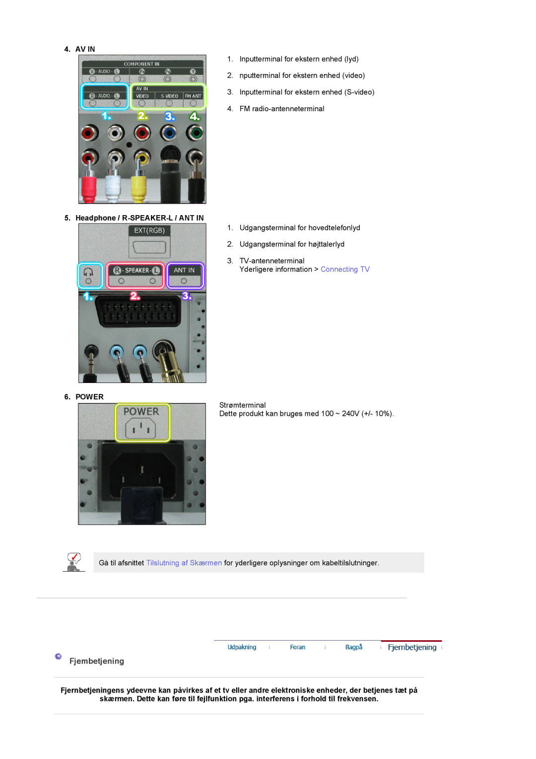 Samsung PO24FSSSS/EDC manual Fjembetjening, Headphone / R-SPEAKER-L / ANT, Power 