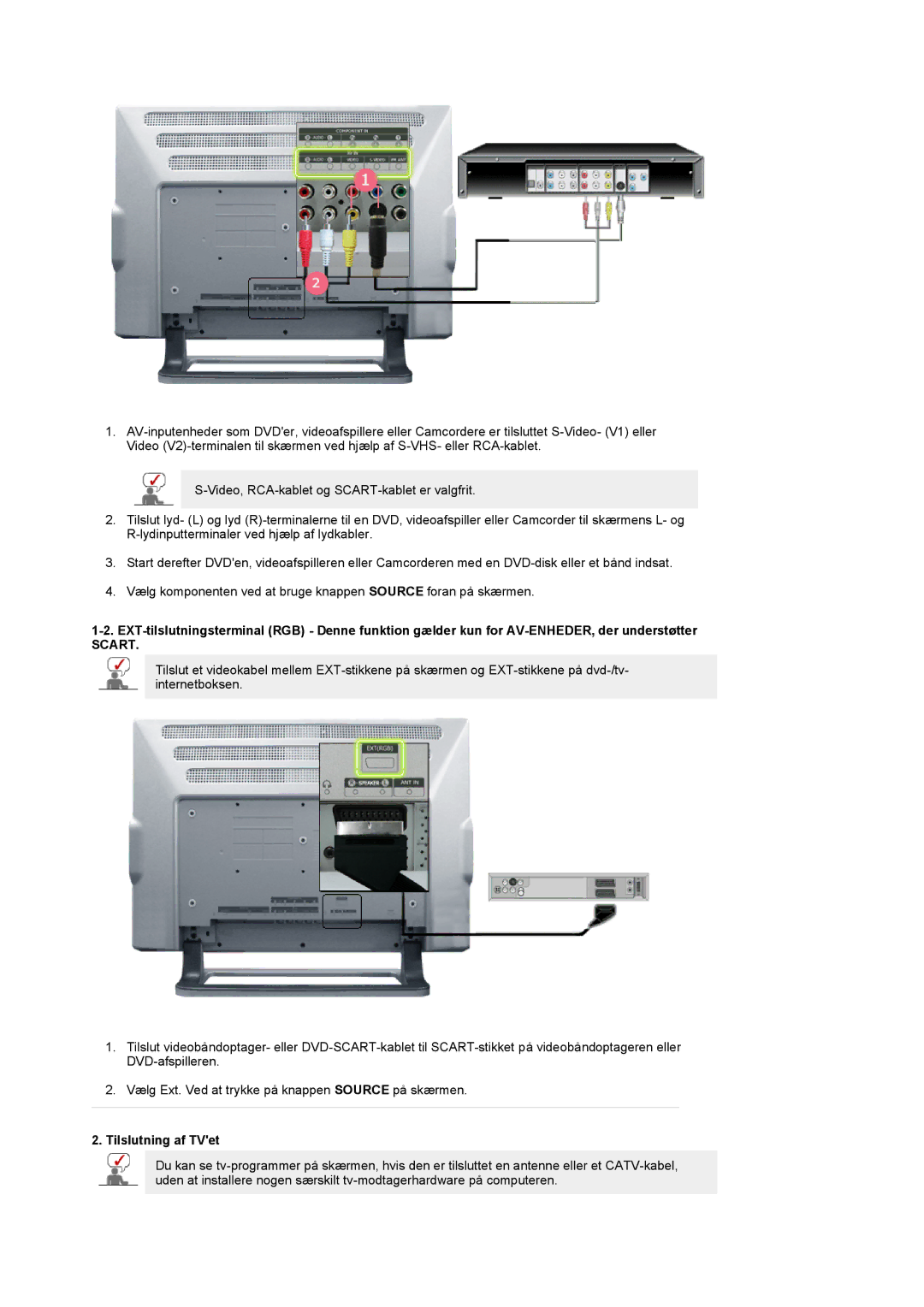 Samsung PO24FSSSS/EDC manual Scart, Tilslutning af TVet 