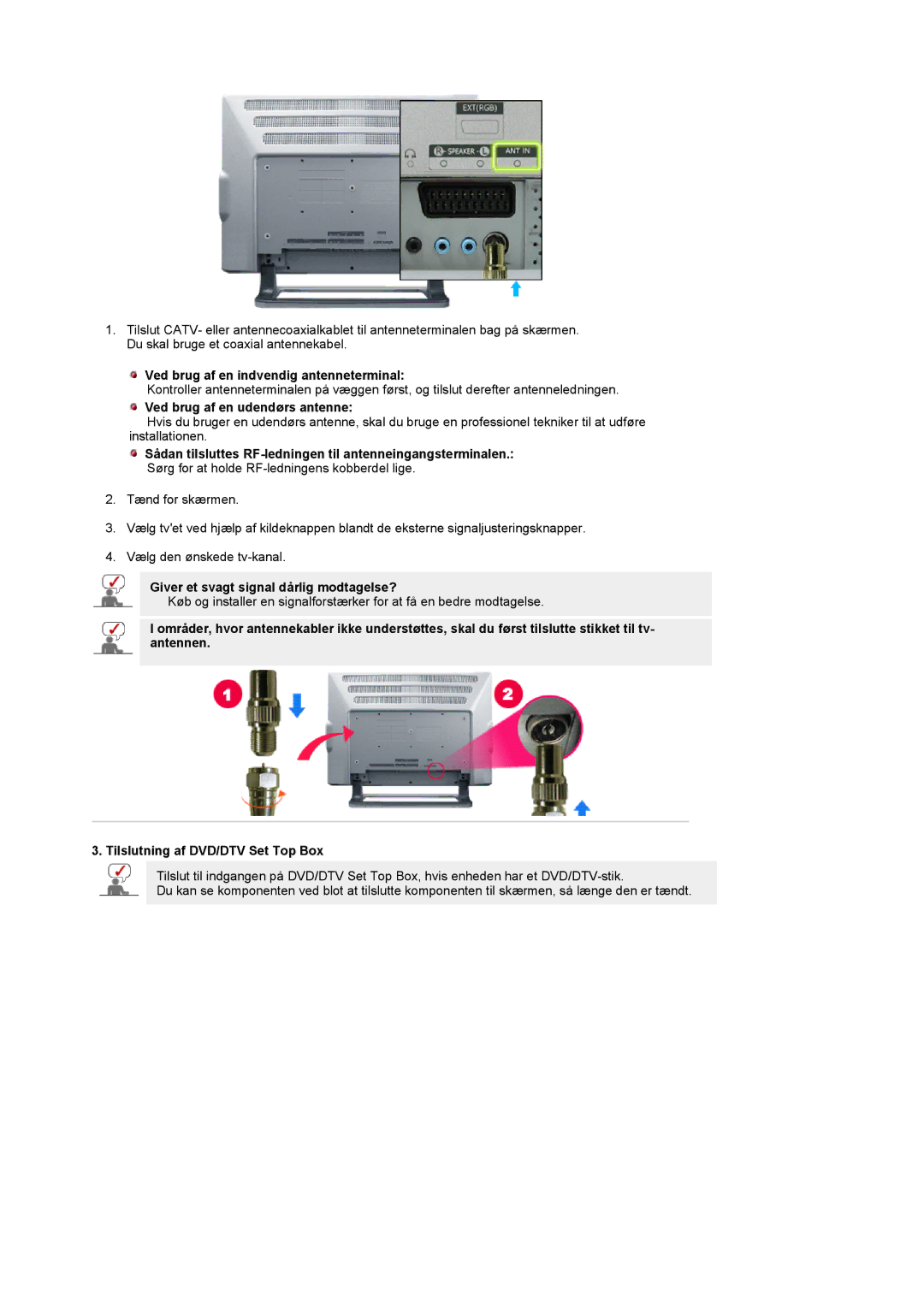 Samsung PO24FSSSS/EDC manual Ved brug af en indvendig antenneterminal, Ved brug af en udendørs antenne 