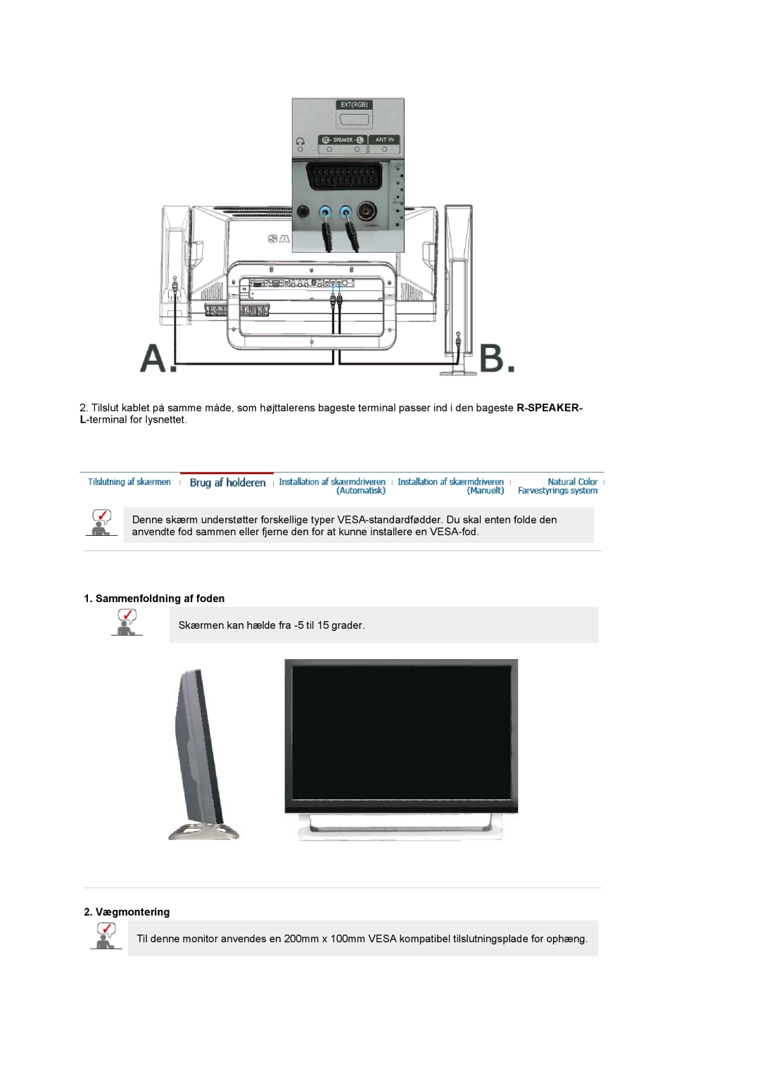 Samsung PO24FSSSS/EDC manual Sammenfoldning af foden, Vægmontering 