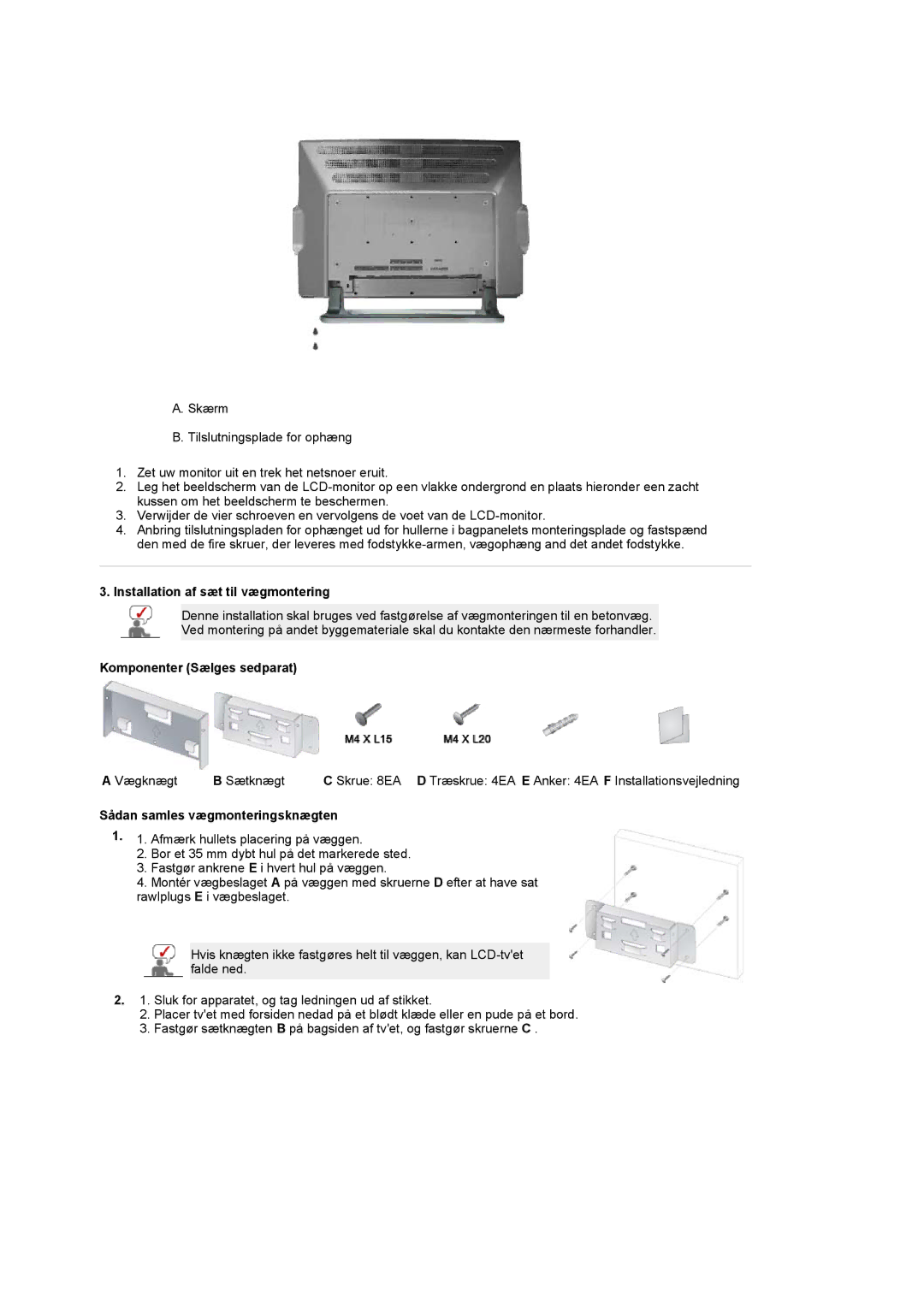 Samsung PO24FSSSS/EDC manual Installation af sæt til vægmontering 