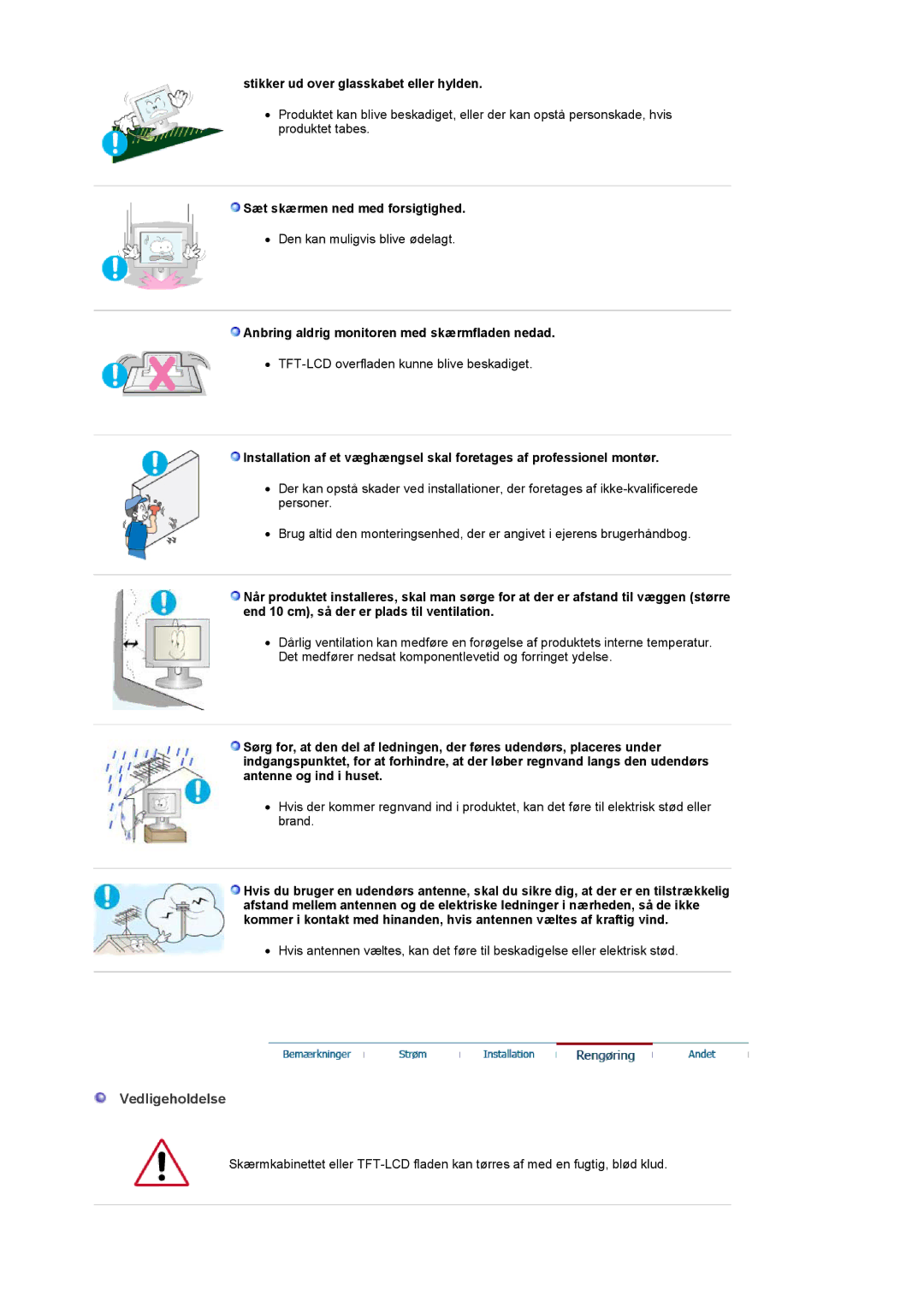 Samsung PO24FSSSS/EDC manual Vedligeholdelse, Stikker ud over glasskabet eller hylden, Sæt skærmen ned med forsigtighed 