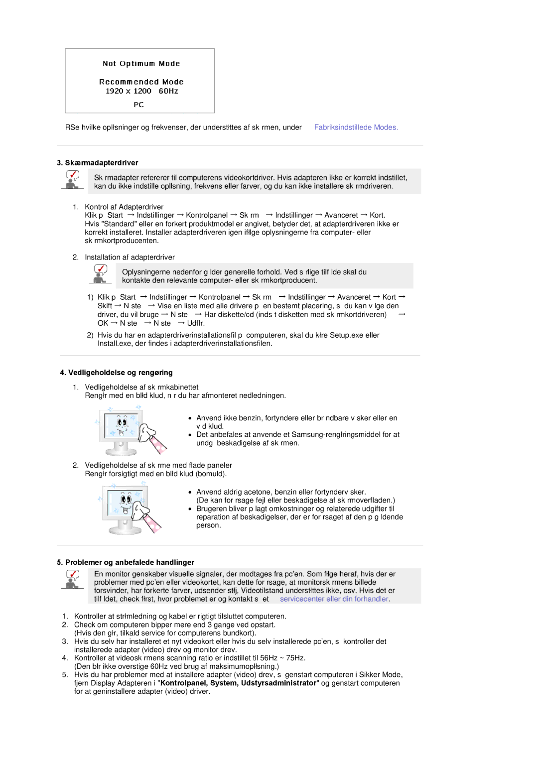 Samsung PO24FSSSS/EDC manual Skærmadapterdriver, Vedligeholdelse og rengøring, Problemer og anbefalede handlinger 