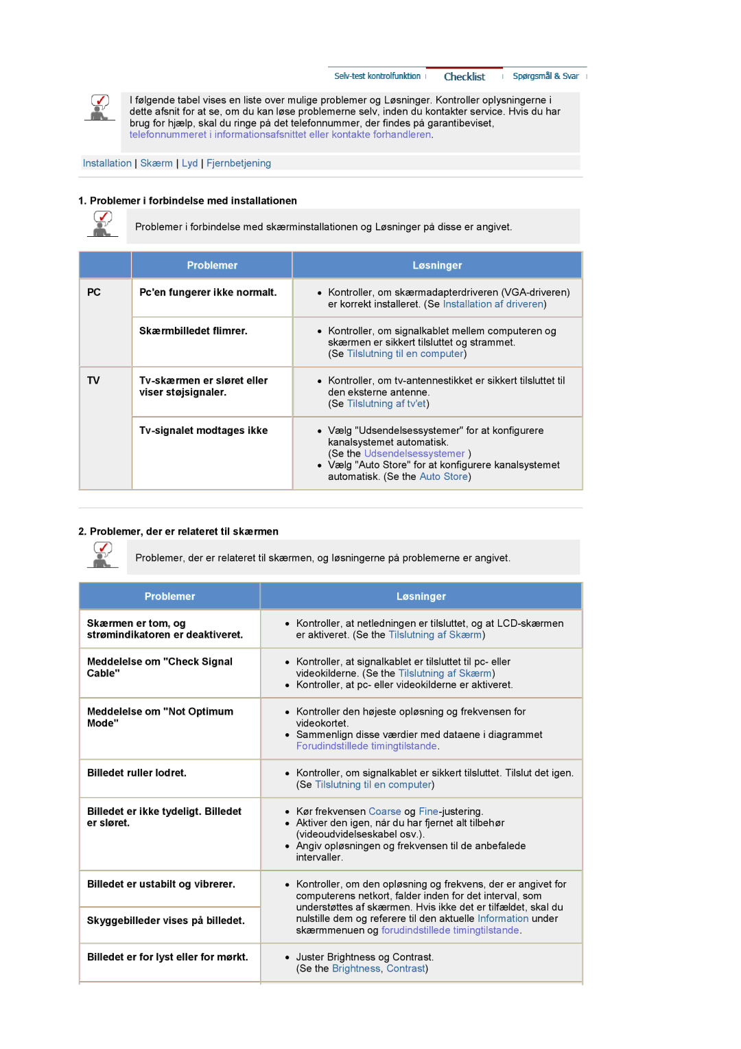 Samsung PO24FSSSS/EDC manual Problemer i forbindelse med installationen, Pcen fungerer ikke normalt, Skærmbilledet flimrer 