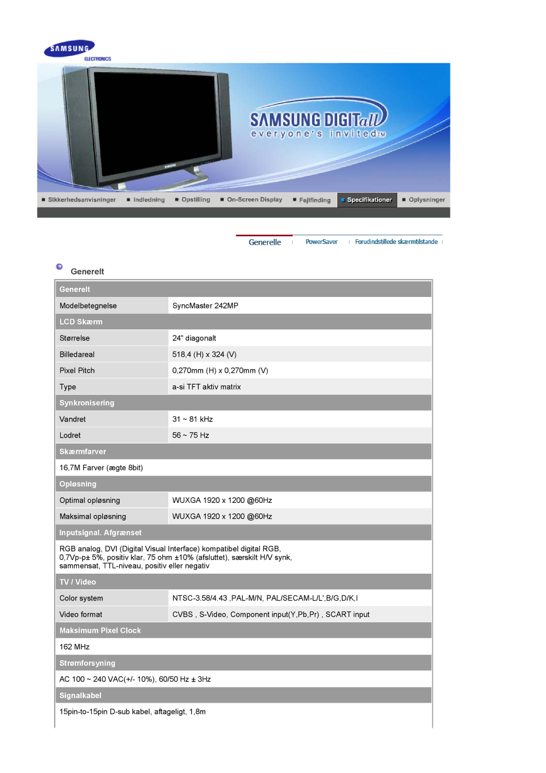 Samsung PO24FSSSS/EDC manual Generelt, LCD Skærm 