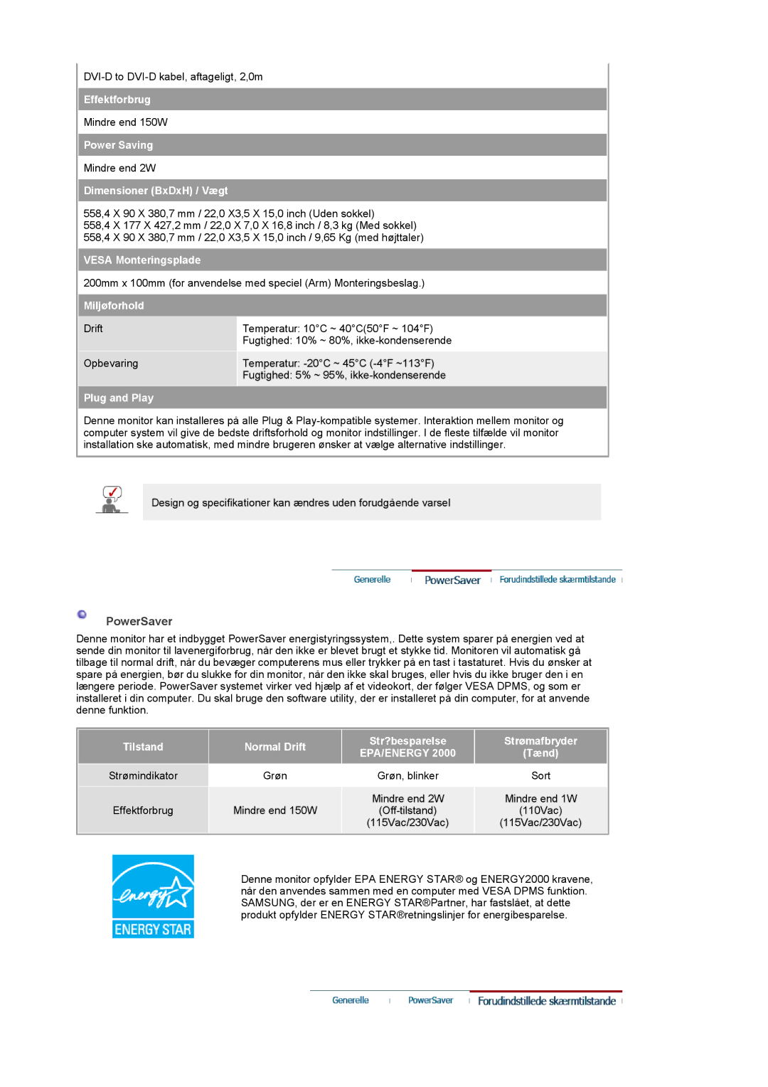 Samsung PO24FSSSS/EDC manual PowerSaver, Dimensioner BxDxH / Vægt 