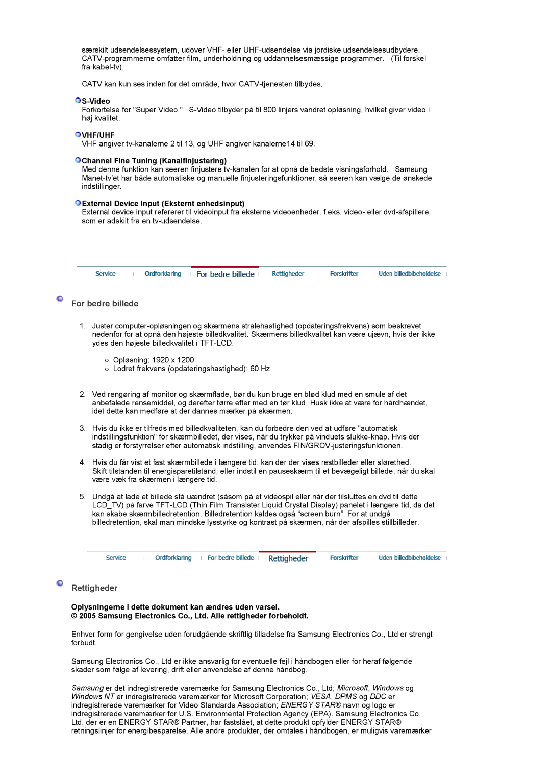 Samsung PO24FSSSS/EDC manual For bedre billede, Rettigheder, Vhf/Uhf 