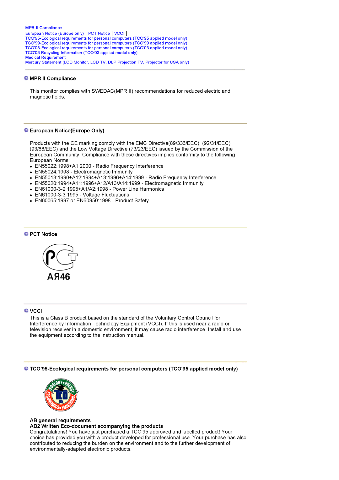 Samsung PO24FSSSS/EDC manual MPR II Compliance, European NoticeEurope Only, PCT Notice 