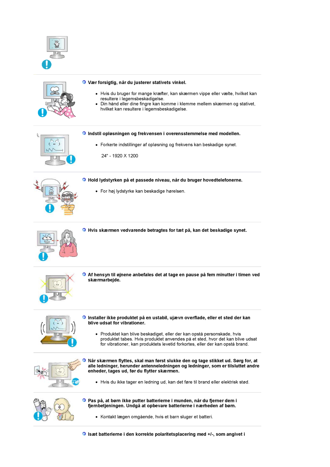 Samsung PO24FSSSS/EDC manual Vær forsigtig, når du justerer stativets vinkel 