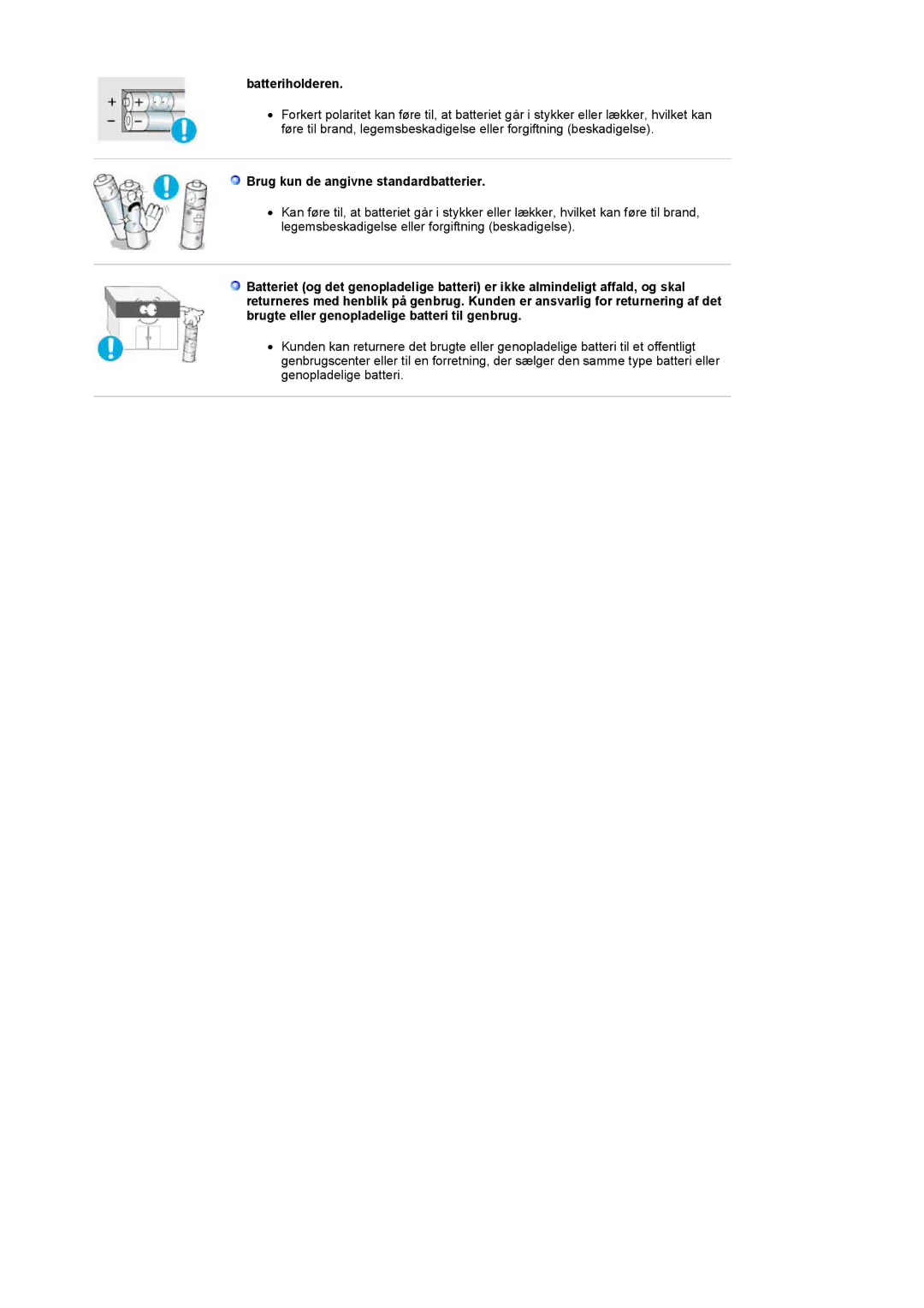 Samsung PO24FSSSS/EDC manual Batteriholderen, Brug kun de angivne standardbatterier 