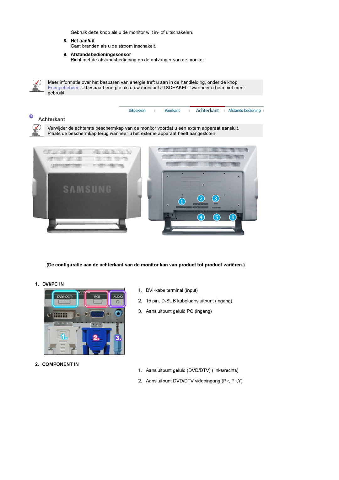 Samsung PO24FSSSS/EDC manual Achterkant, Dvi/Pc, Component 