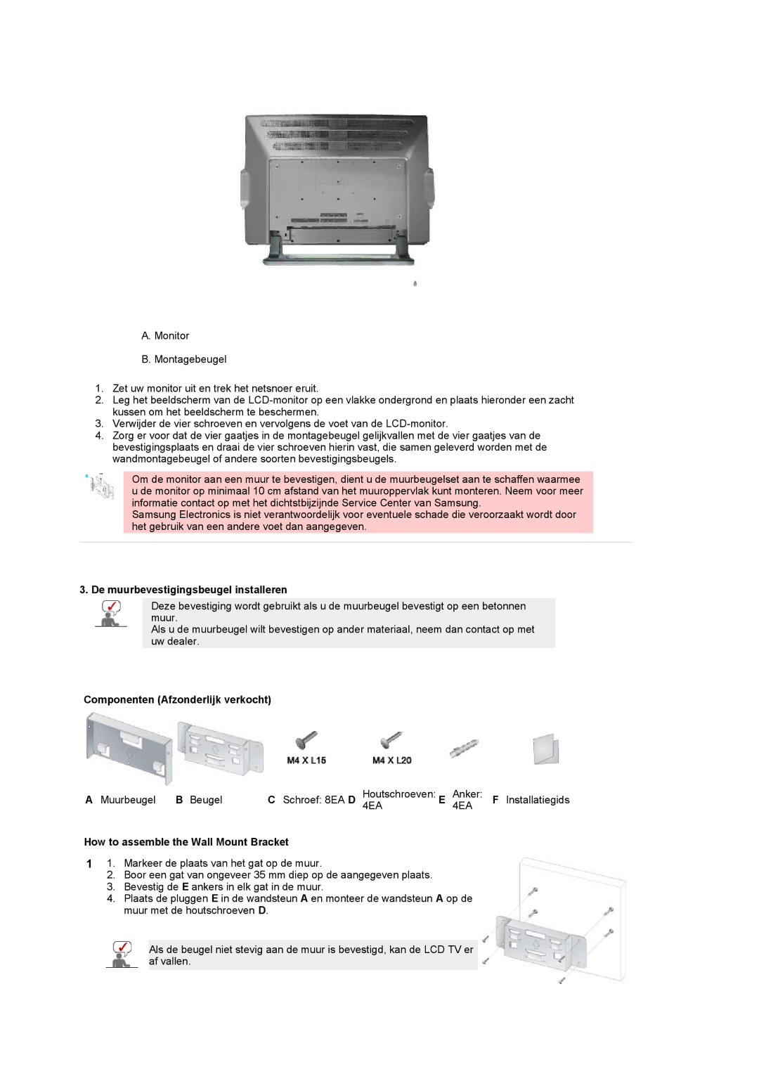 Samsung PO24FSSSS/EDC manual De muurbevestigingsbeugel installeren, Componenten Afzonderlijk verkocht 