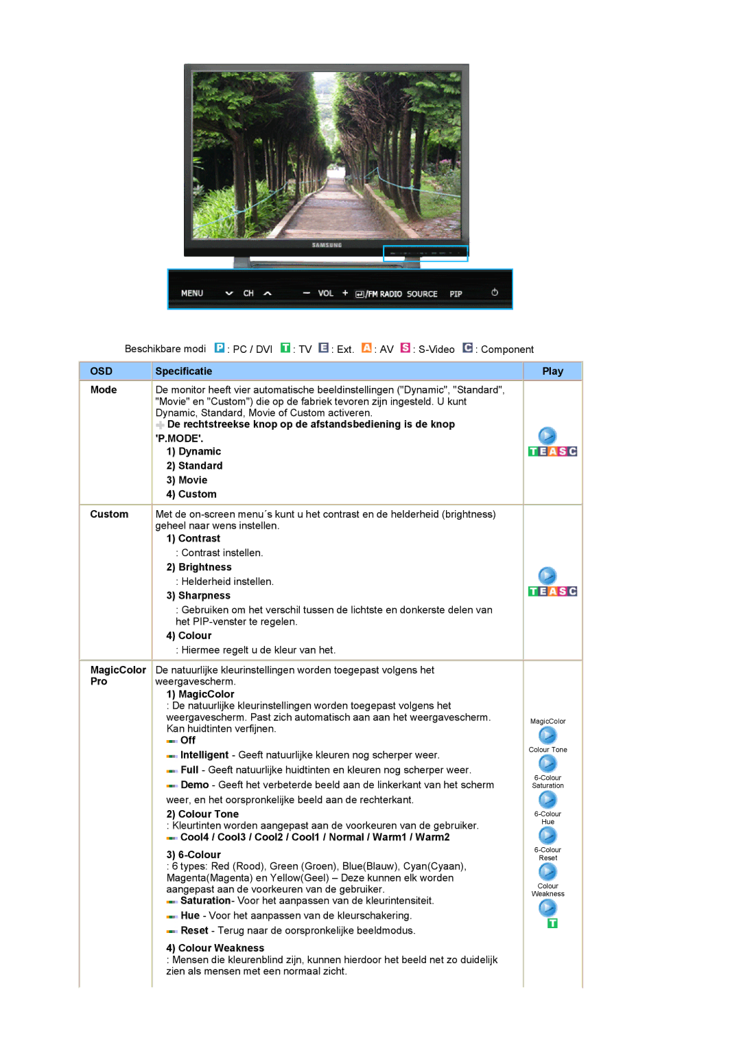 Samsung PO24FSSSS/EDC manual Specificatie, Mode, Dynamic, Standard, Movie 