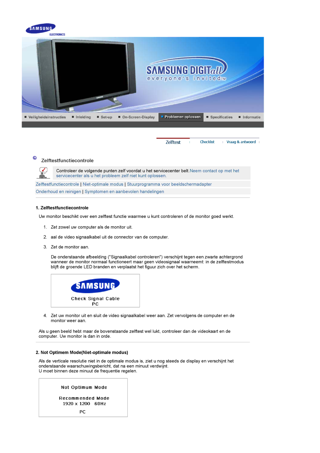 Samsung PO24FSSSS/EDC manual Zelftestfunctiecontrole, Not Optimem ModeNiet-optimale modus 