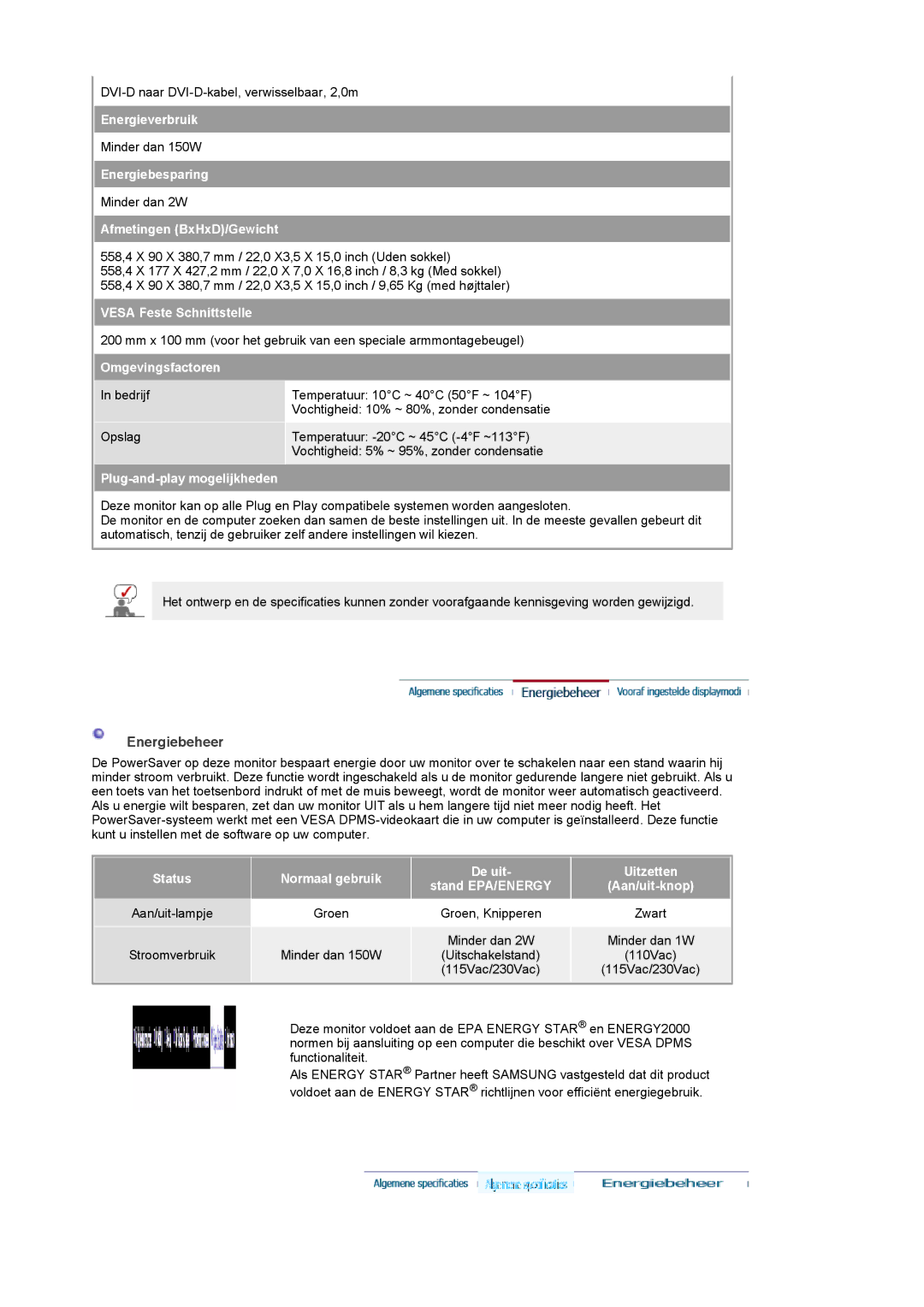 Samsung PO24FSSSS/EDC manual Energiebeheer, Afmetingen BxHxD/Gewicht 