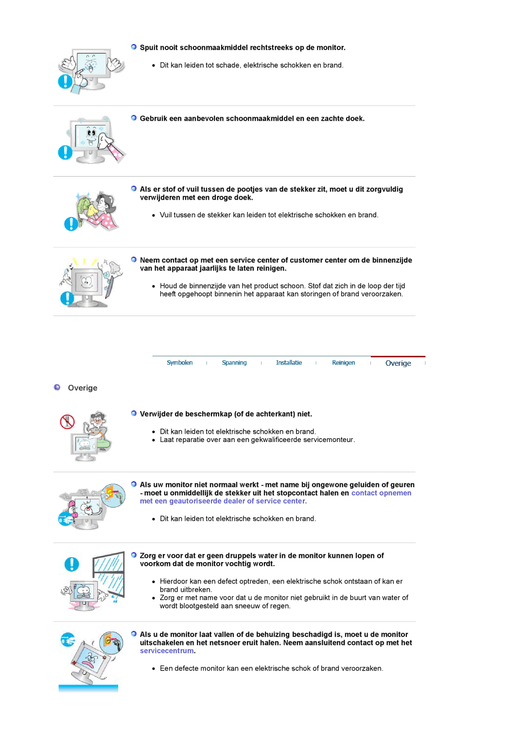 Samsung PO24FSSSS/EDC manual Overige, Spuit nooit schoonmaakmiddel rechtstreeks op de monitor 