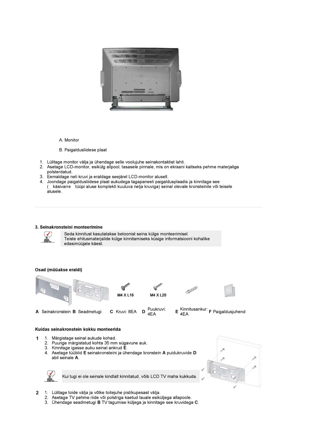 Samsung PO24FSSSS/EDC manual Seinakronsteini monteerimine, Osad müüakse eraldi, Kuidas seinakronstein kokku monteerida 