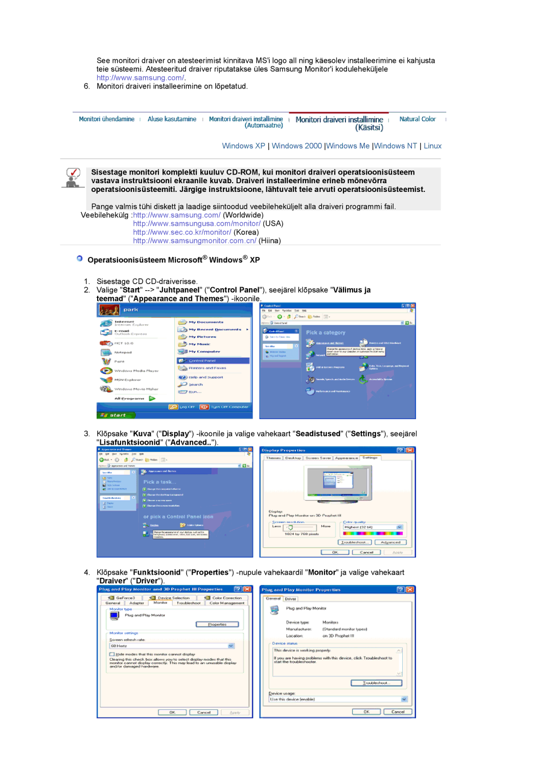 Samsung PO24FSSSS/EDC manual Windows XP Windows 2000 Windows Me Windows NT Linux, Operatsioonisüsteem Microsoft Windows XP 